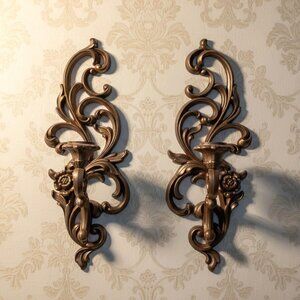 Syroco Wall Sconces Gold Floral Scroll Mid-Century Regency Candelabras 4531 Set